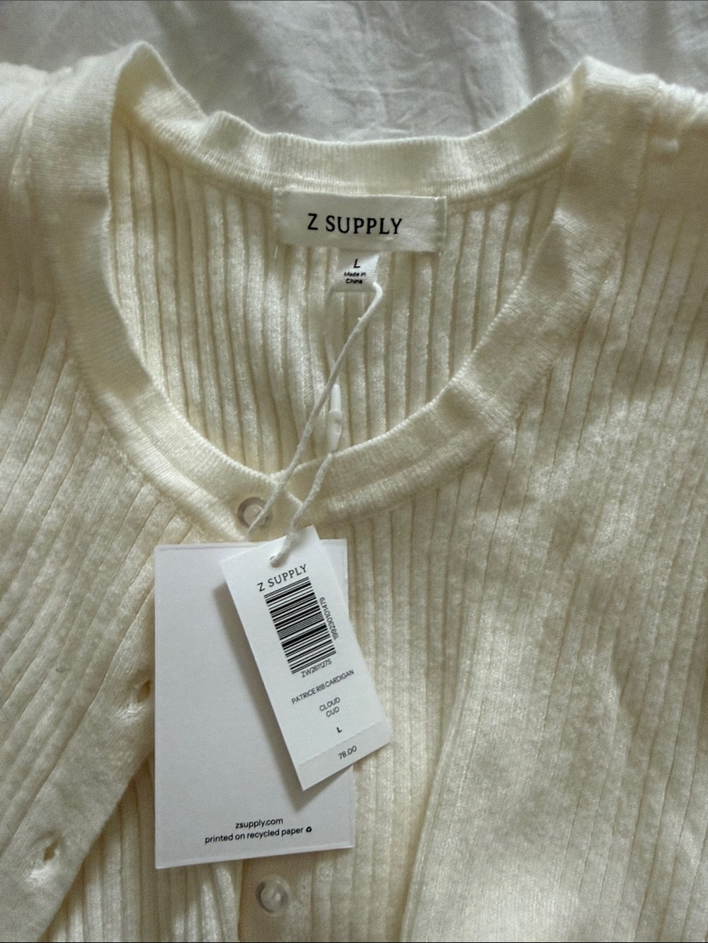 Z Supply Cream Ribbed Button-Front Long Sleeve Top - Picture 4 of 4